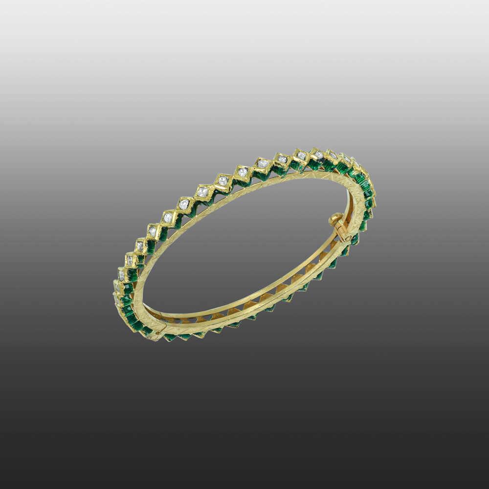 Geometric Gold Bangle with Green Enamel on Edge